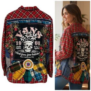 Upcycled Flannel Shirt Womens XL Skater Vibes Shacket Grunge Streetwear Festival